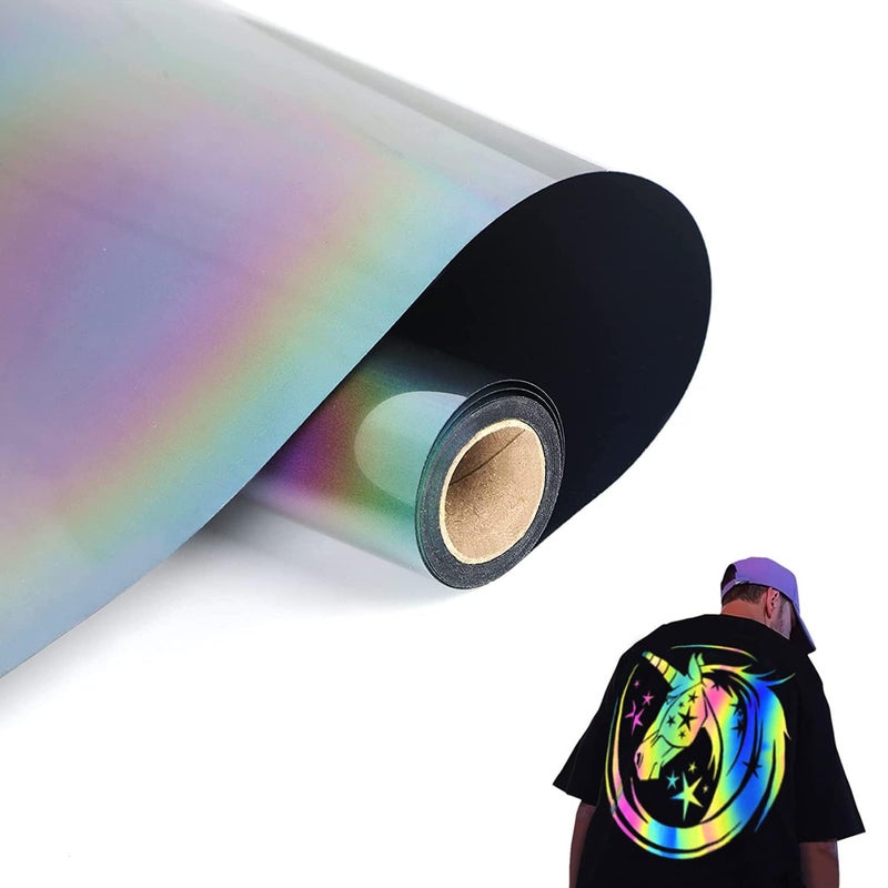 FUNKAKA Heat Transfer Vinyl Reflective Rainbow HTV Roll, 12" x 10ft Reflective Iron on Vinyl for All Cutter Machine, Reflective HTV Vinyl for T-Shirts Easy to Cut & Weed for Heat Vinyl DIY Design - Image 1